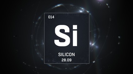 3D illustration of Silicon as Element 13 of the Periodic Table. Silver illuminated atom design background with orbiting electrons. Design shows name, atomic weight and element number