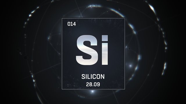 3D illustration of Silicon as Element 13 of the Periodic Table. Silver illuminated atom design background with orbiting electrons. Design shows name, atomic weight and element number