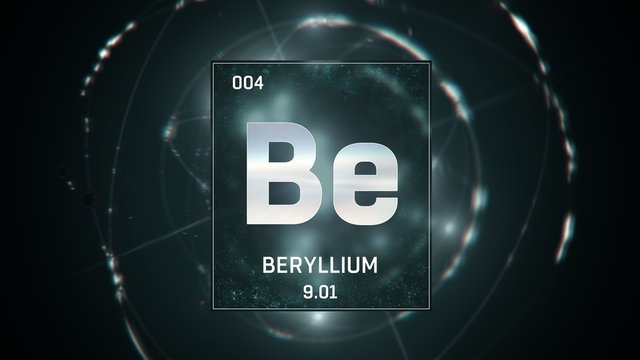 3D illustration of Beryllium as Element 4 of the Periodic Table. Green illuminated atom design background with orbiting electrons. Design shows name, atomic weight and element number