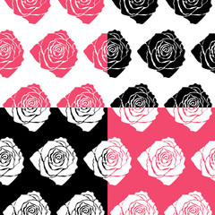 Vector set of beautiful floral monochrome patterns with rose silhouettes. Seamless textures in black, white and pink colors. Endless backgrounds. Botanical surface design.