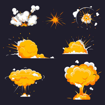 Cartoon explosions collection bomb. Boom flame, Dynamite explosions, danger bomb detonation, dynamites detonators. Vector illustration in comic style.