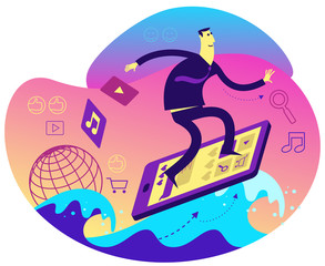 Cartoon character illustration for web design, presentation, infographic, landing page: IT, Internet, net surfing. network business, network marketing. A man stands on a smartphone, floating.