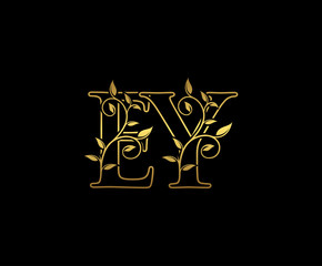 Golden letter E and Y, EY vintage decorative ornament emblem badge, overlapping monogram logo, elegant luxury gold color on black background.