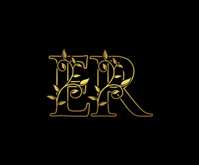 Golden letter E and R, ER vintage decorative ornament emblem badge, overlapping monogram logo, elegant luxury gold color on black background.