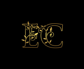 Golden letter E and C, EC vintage decorative ornament emblem badge, overlapping monogram logo, elegant luxury gold color on black background.