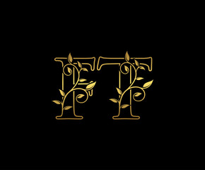 Golden letter F and T, FT vintage decorative ornament emblem badge, overlapping monogram logo, elegant luxury gold color on black background.