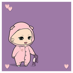 Cute little baby girl with bear. Vector color illustration. Illustration banner baby. Greeting card with babies girl. Baby shower. Smile child