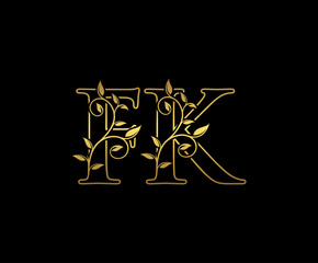 Fototapeta na wymiar Golden letter F and K, FK vintage decorative ornament emblem badge, overlapping monogram logo, elegant luxury gold color on black background.