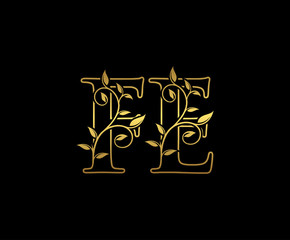 Golden letter F and E, FE vintage decorative ornament emblem badge, overlapping monogram logo, elegant luxury gold color on black background.