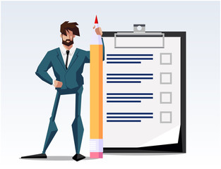 Positive business man with a giant pencil on his shoulder nearby marked checklist on a clipboard paper. Successful completion of business tasks. Flat illustration.