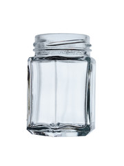 open empty glass jar of unusual shape isolated on white background