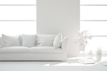 Mock up of stylish room in white color with sofa. Scandinavian interior design. 3D illustration