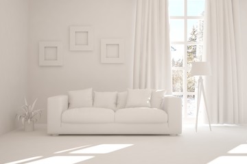 Mock up of stylish room in white color with sofa. Scandinavian interior design. 3D illustration