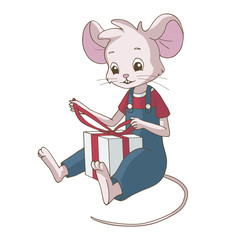Cute cartoon mouse unpacking a gift box. Isolated object on white background. Decor element for for gift card and kids products (room, clothes, stationery).