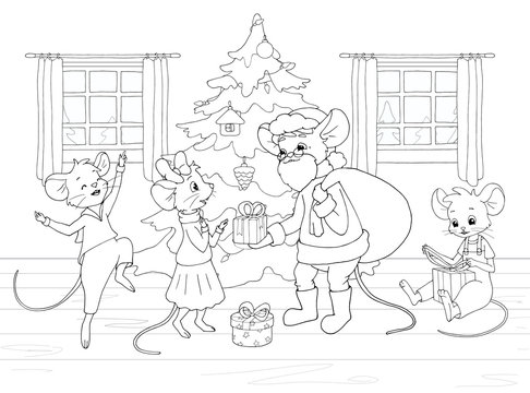 Cute cartoon mouses. Santa claus giving out presents for happy kids. Festive life scene in a living room decorated for Christmas.  Black and white vector illustrations for coloring book.