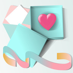 Open gift box with a pink love heart and greeting card. 3D vector illustration for Valentine's Day design with box, envelope, and ribbon. Top view.