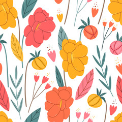 Hand drawn floral seamless pattern for print, textile, fabric. Tender girly cute background.