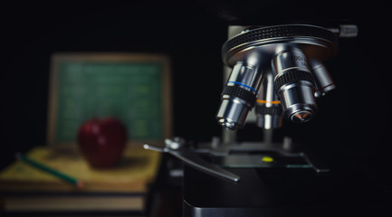 Fototapeta na wymiar Laboratory microscope for scientific research. Microscope is used for conducting planned, research experiments, educational demonstrations in medical and clinical laboratories.