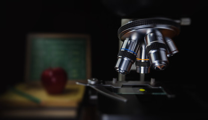 Fototapeta na wymiar Laboratory microscope for scientific research. Microscope is used for conducting planned, research experiments, educational demonstrations in medical and clinical laboratories.