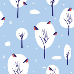 Seamless pattern with winter nature on blue background. Snow-covered trees and bullfinches showered with snowflakes. Template for use in wrapping paper design, textile, packaging. Vector illustration.