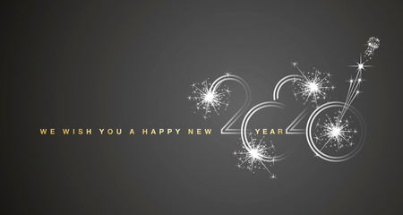 We wish You a Happy New Year 2020 shining line design with sparkle firework gold silver white black background