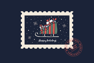 Festive postage stamp with a sled full of gifts and a print of the seal. Postcard in style of postage stamps. Merry Christmas and Happy New Year. Winter vector illustration on dark background.
