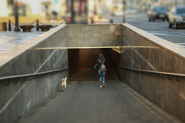 In hurry woman with dog at entrance of subway station