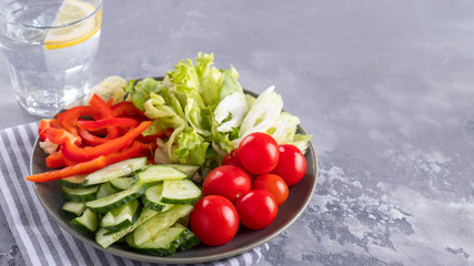 Mix vegetables with tomatoes, cucumbers, celery and red pepper on a plate. Diet and healthy food  concept. Copy space