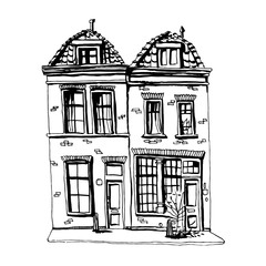 Hand drawn vintage houses. European old homes in cartoon style. Outline vector sketch illustration isolated on white background.