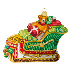 Hand-painted watercolor Christmas tree toy bear in a sled with gifts for a happy new year. Isolated illustration on white background for the design of cards, invitations and greetings.