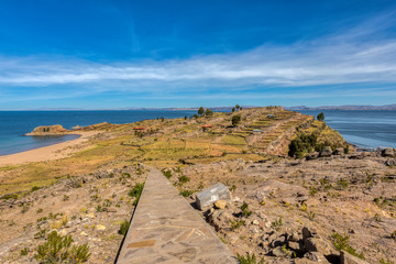 View of Taquile Island in Lake Titicaca, 45 kms offshore from the city of Puno in Peru