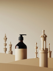 Abstract background for daily branding and packaging presentation. Cosmetic bottle on light beige chess background. 3d rendering illustration.