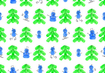 Seamless winter pattern. Christmas trees and snowmen. People on skates and skis. Drawing with fingerprints. Illustration.