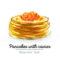 Watercolor food. Russian breakfast. Pancakes with red caviar - 300729783