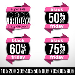 Sticker for mega-sale "Black Friday". Black Friday discount poster. Annual Christmas sales season. Big discounts in retail and online stores (up to 50%). Friday, November 29, 2019