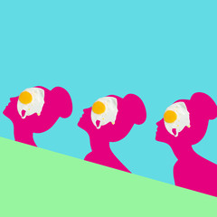 Fototapeta premium Collage silhouette woman, with egg eye, minimal 80s mood