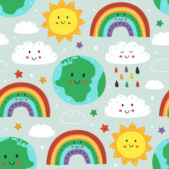 seamless pattern with cute Earth,cloud, rainbow and sun - vector illustration, eps 