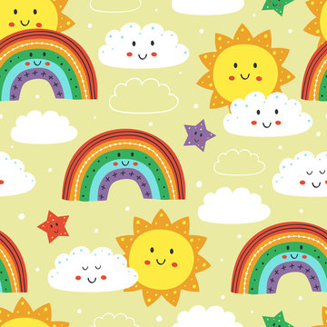 seamless pattern with cute sun, rainbow and cloud  - vector illustration, eps    