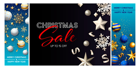 Naklejka premium Christmas sale blue, black banner set with baubles