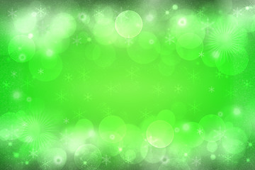 Abstract blurred festive light green white winter christmas or Happy New Year background texture with shiny light green bokeh circles and stars. Card concept.