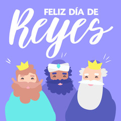 The three kings of orient, Melchior, Gaspard and Balthazar, on a purple background. Christmas vectors. Happy Epiphany written in Spanish