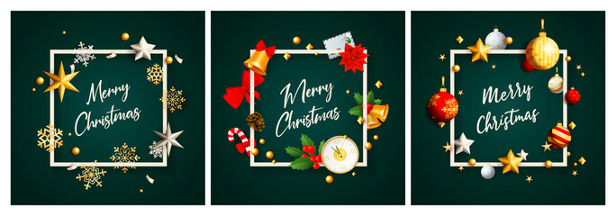 Merry Christmas green banner set with baubles