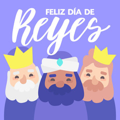 The three kings of orient, Melchior, Gaspard and Balthazar, on a purple background. Christmas vectors. Happy Epiphany written in Spanish