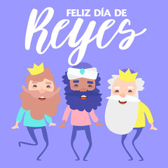 The three kings of orient, Melchior, Gaspard and Balthazar, on a purple background. Christmas vectors. Happy Epiphany written in Spanish