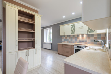 Fototapeta na wymiar Luxury modern provence styled grey, pink and cream kitchen interior