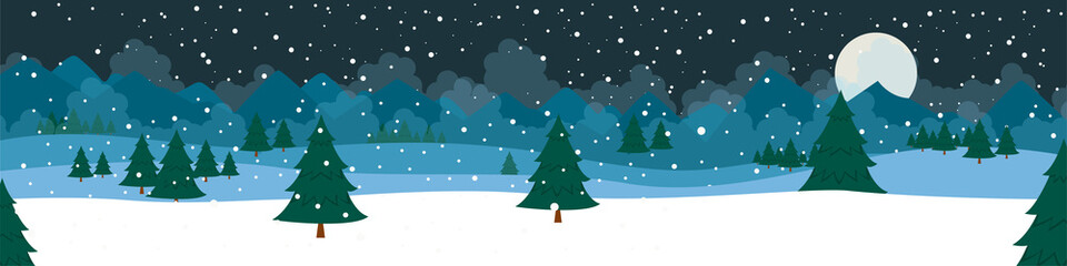 Winter Mountains landscape with pines and hills. Winter snowy mountains christmas landscape. Vector illustration. 