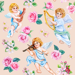 Vintage seamless pattern with angels and flowers. Cute cupid amur with musical instruments. Spring flowering, roses. Beige delicate background. Wallpaper. Watercolor. Template