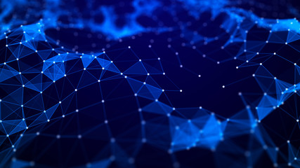 Obraz premium Network connection structure. Big data digital blue background. Science background with connected dots, lines and triangles. 3d rendering.