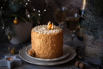 Homemade honey cake. Winter composition. New Year photo. Christmas decoration. Christmas decorations. Cake with sparklers. garland on a tree. Champagne in the glasses.