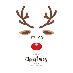Reindeer red nosed cute close up face with greetings isolated white background. Christmas card - obrazy, fototapety, plakaty